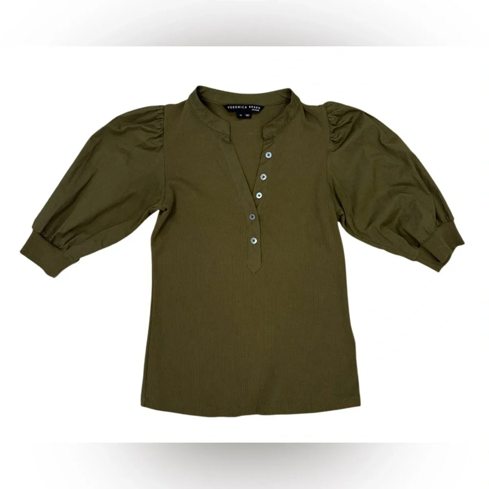 VERONICA BEARD Coralee green Puff-Sleeve Rib-Knit Top XS - Picture 5 of 9